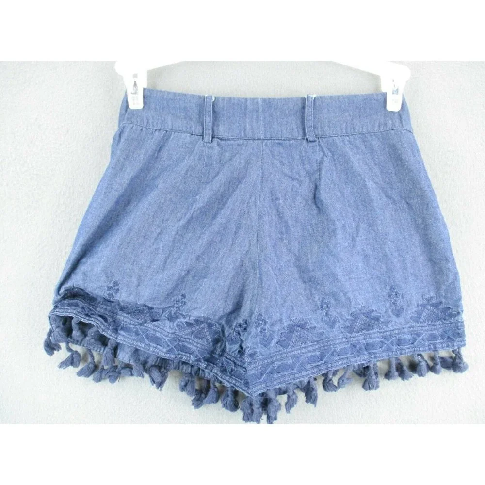 Parker Shorts Womens 0 Blue Chambray Denim Lace Cut Out Tassels 100% Cotton - Picture 4 of 6